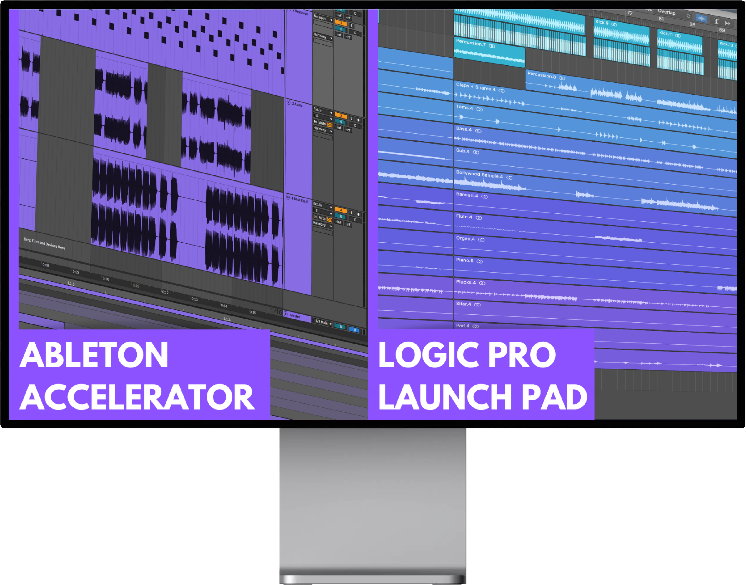Ableton Accelerator and Logic Pro Launch Pad course logos on desktop display